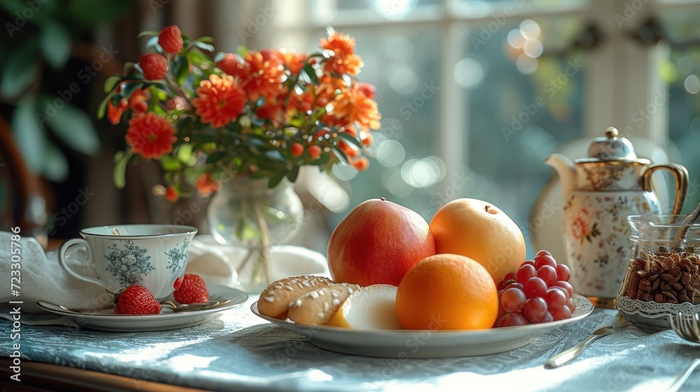  a close up of a plate of fruit on a table with a vase of flowers and a cup of tea on a table with a plate of fruit on it.