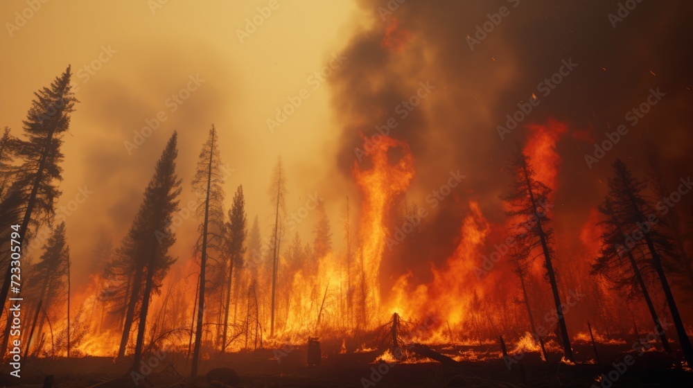 A man bravely stands in front of a raging forest fire. This image captures the intensity and danger of wildfires. Perfect for illustrating the impact of climate change or the bravery of firefighters