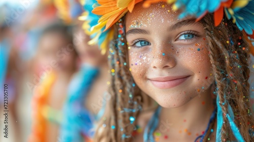  a close up of a young girl wearing a headdress with feathers on her head and a smile on her face. photo