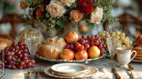  a table topped with a plate of fruit next to a vase of flowers and a plate of bread on a plate next to a bowl of grapes and a cup.