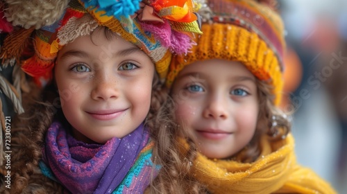  two young girls wearing colorful hats and scarves and scarves on their heads and scarves on their heads.