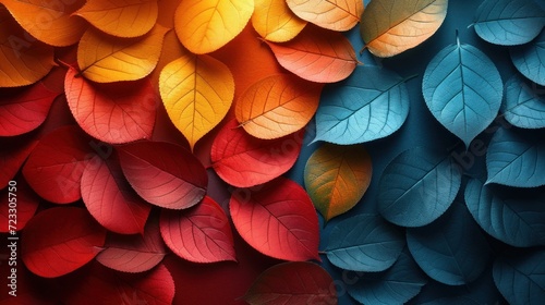 Fotografia a close up of a bunch of leaves with a color scheme of red, yellow, blue, and green