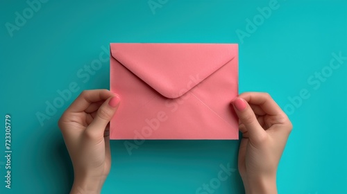  a person's hands holding a pink envelope over a blue background with a pink envelope on top of it.