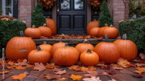  a group of pumpkins sitting on the ground in front of a house with autumn leaves on the ground around them.