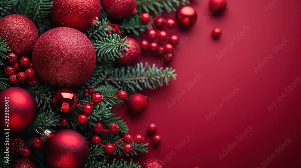  a close up of a christmas tree with red baubles and greenery on a red background with copy space.