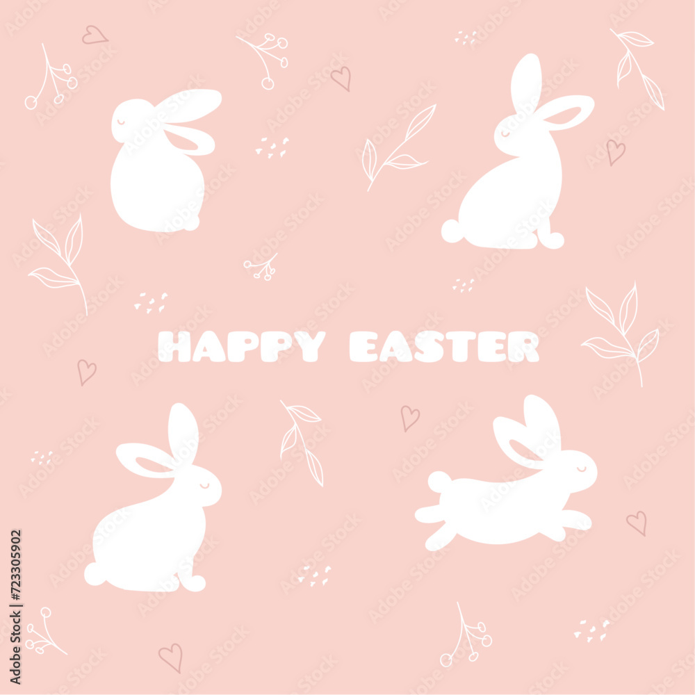 Easter card. Cartoon flat vector illustration. Bunnies next to the title 