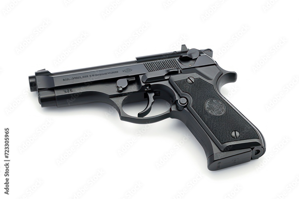 Close up side view of a black combat pistol on a white background suitable for adding text