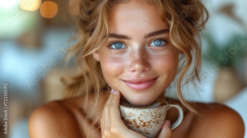  a close up of a woman with blue eyes holding a coffee cup in one hand and looking at the camera.