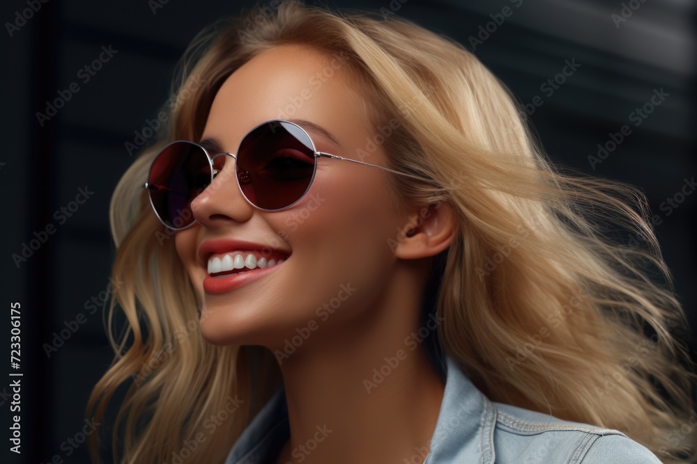 A woman wearing sunglasses and a denim shirt. Perfect for fashion and lifestyle blogs or websites A woman wearing sunglasses and a denim shirt. Perfect for fashion and lifestyle blogs or websites