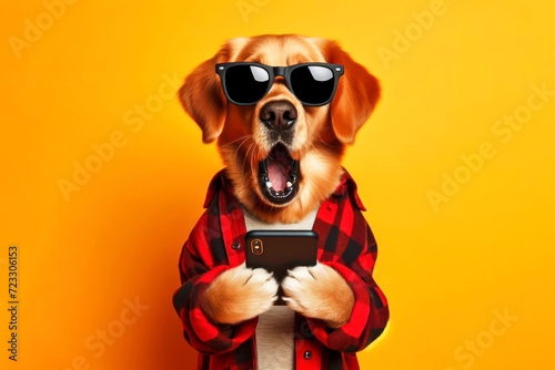 Shocked dog in sunglasses holding smartphone on solid bright color background. ai generative