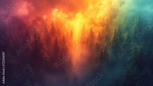  a forest filled with lots of tall trees under a rainbow colored sky with a lot of clouds in the distance.