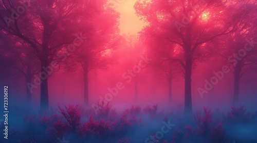 a forest filled with lots of trees covered in red and blue foggy mist and light from the sun shining through the trees. © Jevjenijs