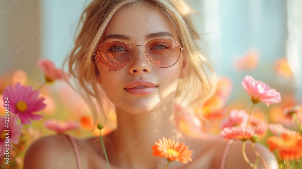 a woman wearing pink glasses standing in a field of pink and yellow flowers with pink and yellow daisies in the foreground. a woman wearing pink glasses standing in a field of pink and yellow flowers with pink and yellow daisies in the foreground.