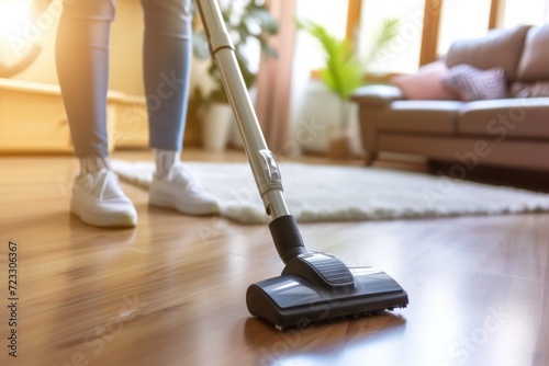 Close up view of a woman in white socks cleaning a wooden floor with a wireless vacuum cleaner