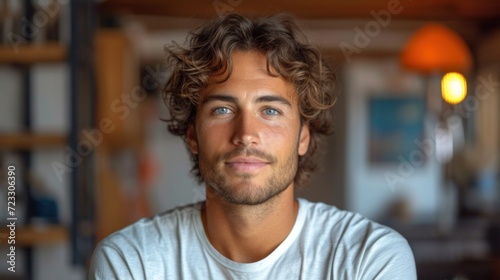  a man with curly hair and a white t - shirt looks at the camera with a serious look on his face.