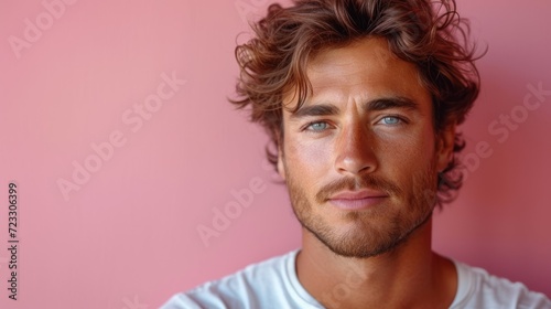 a close up of a man with a beard and blue eyes looking at the camera with a pink wall in the background.