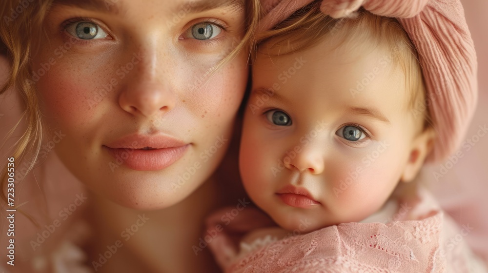 a close up of a woman holding a baby wearing a pink hat and holding a baby wearing a pink dress. a close up of a woman holding a baby wearing a pink hat and holding a baby wearing a pink dress.