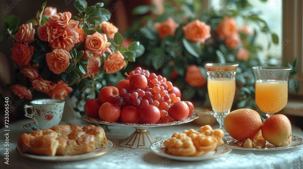  a table topped with a plate of fruit next to a cup of orange juice and a plate of fruit on a plate next to a glass of orange juice and flowers.