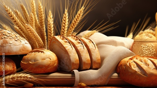 Freshly baked bread arranged in a bunch on a rustic wooden table. Perfect for food-related designs and culinary themes