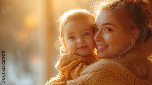  a woman holding a baby in her arms and smiling at the camera with sunlight streaming through the window behind her.