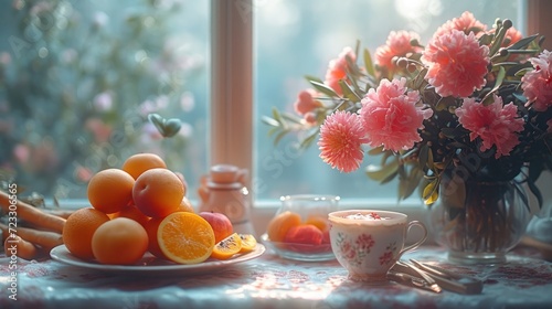 a close up of a plate of fruit on a table near a vase of flowers and a cup of coffee on a table with a vase of flowers in the background.