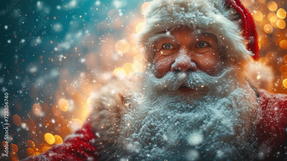  a close up of a person wearing a santa hat and holding something in front of a blurry background of lights.