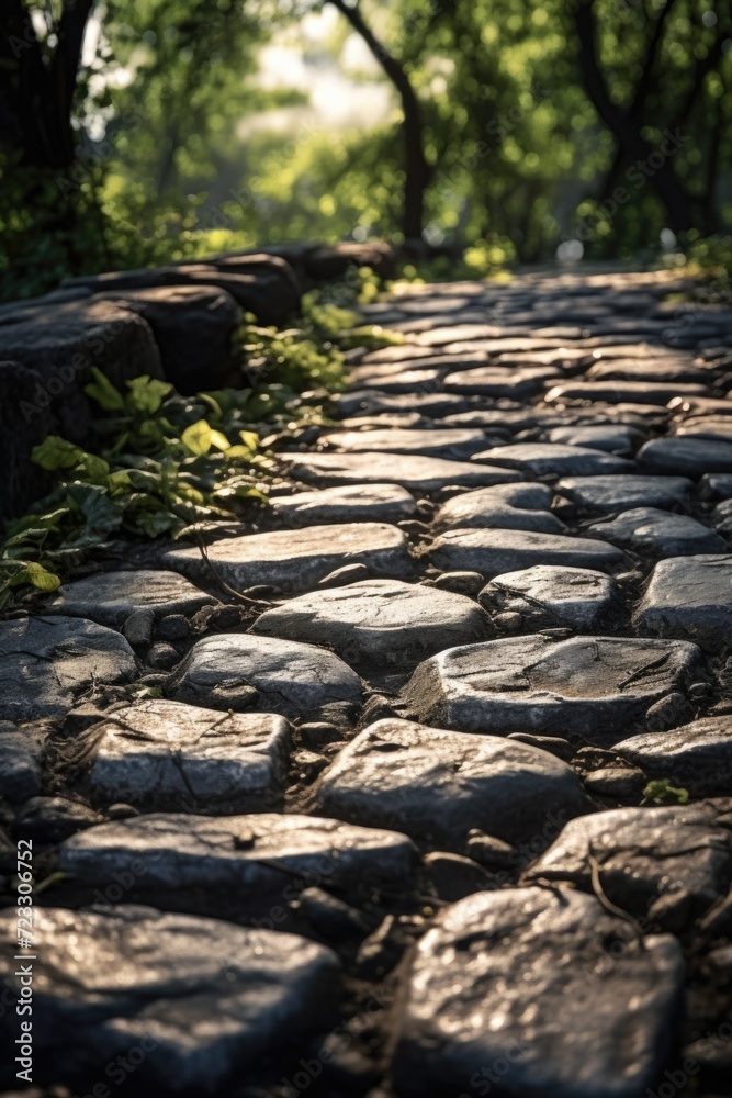 A picturesque cobblestone road in a park with a backdrop of beautiful trees. Ideal for nature lovers and outdoor enthusiasts A picturesque cobblestone road in a park with a backdrop of beautiful trees. Ideal for nature lovers and outdoor enthusiasts