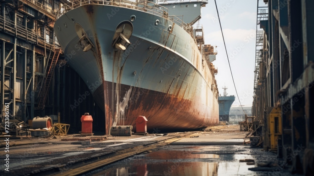A large ship is seen sitting in a dry dock. This image can be used to depict the maintenance or repair of ships or as a representation of the shipping industry