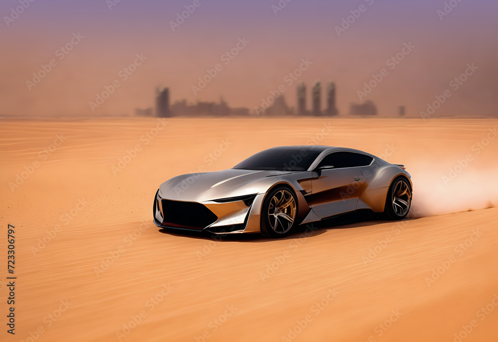 High-speed luxury sports car on a dusty desert road. Modern middle east city in the background