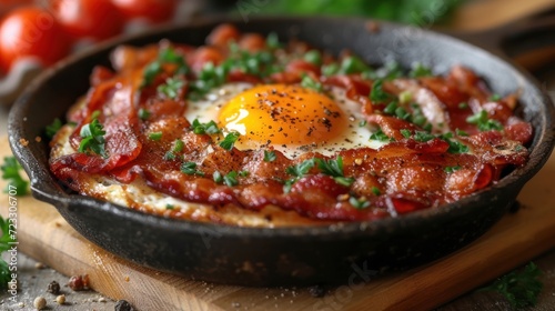  a frying pan filled with bacon and an egg on top of a cutting board with tomatoes in the background.
