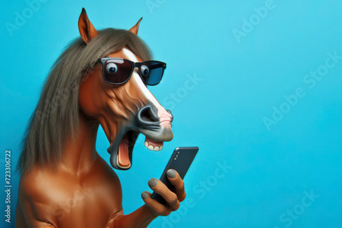 Shocked horse in sunglasses holding smartphone on solid bright blue background. ai generative photo