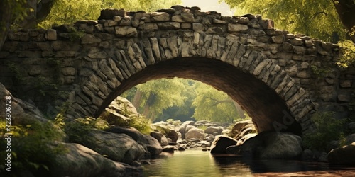 A picturesque stone bridge spanning over a serene river, with lush trees surrounding the area. Perfect for nature and landscape themes