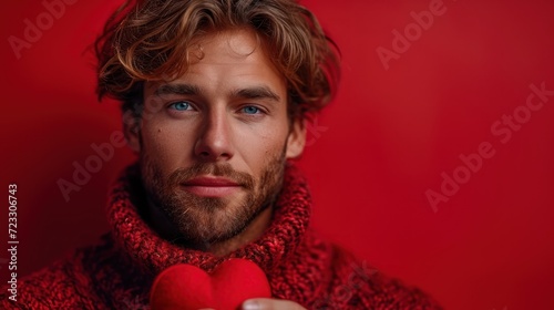  a man in a red sweater holding a red heart in his right hand and looking at the camera with a serious look on his face. © Jevjenijs