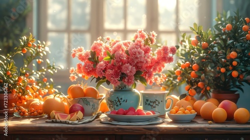  a table topped with a vase filled with pink flowers next to oranges and a bowl filled with fruit on top of a wooden table next to a window sill.
