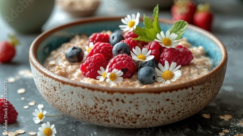  a bowl of oatmeal with raspberries, blueberries, and daisies on a table.