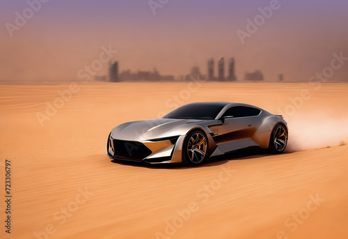 High-speed luxury sports car on a dusty desert road. Modern middle east city in the background © Gaston