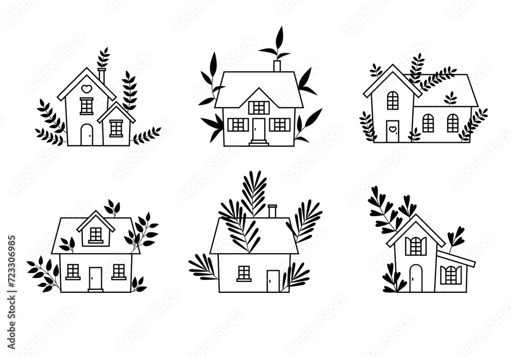 Different little houses. Set, collection of tini houses. Sign, symbol realtors, homes for Sale, Apartments, Houses for Rent. Scandinavian houses