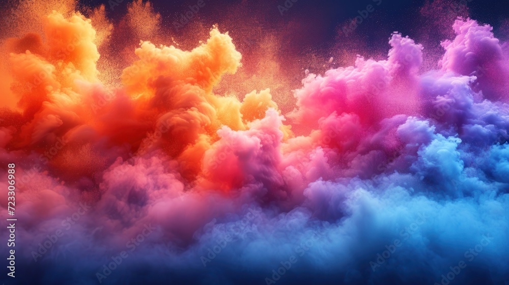  a multicolored cloud of smoke is shown against a blue and pink background with a dark sky in the background.
