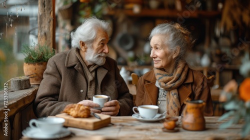  a man and a woman sitting at a table with cups of coffee and croissants in front of them.