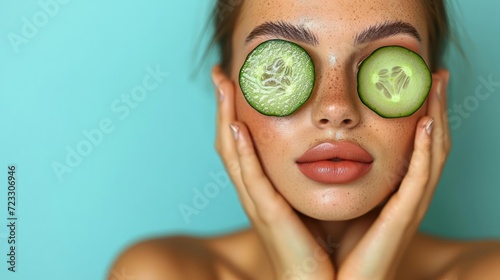  a woman with a cucumber on her face and a cucumber on her cheek in front of her eyes.