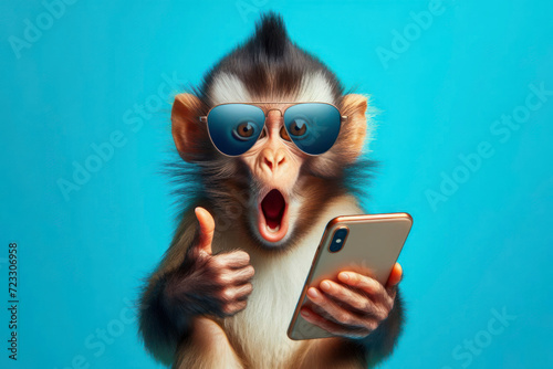 Shocked monkey in sunglasses holding smartphone on solid bright color background. ai generative © Igor