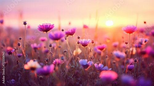A picturesque scene of a field filled with colorful flowers, with the sun setting in the background. This image can be used to evoke a sense of tranquility and beauty in various projects
