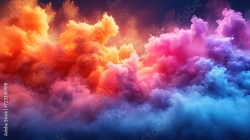  a multicolored cloud of smoke is shown against a blue and pink background with a dark sky in the background.