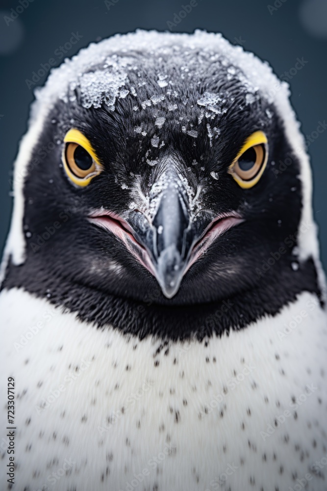Fototapeta premium A close-up shot of a bird with snow on its head. This image can be used to depict winter wildlife or to convey the beauty of nature in cold weather