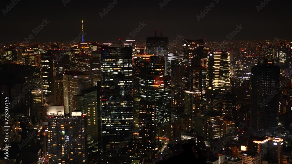 Aerial View of Japanese skycrapers from Roppongi, Tokyo, Japan at night. Scenery of central downtown area with Tokyo sky tree and business district. High quality 4k footage Aerial View of Japanese skycrapers from Roppongi, Tokyo, Japan at night. Scenery of central downtown area with Tokyo sky tree and business district. High quality 4k footage