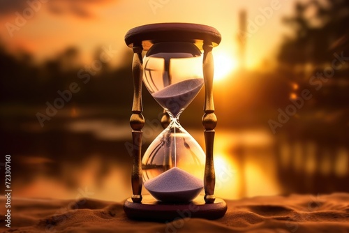 An hourglass sitting on top of a sandy beach. Perfect for time-related concepts and beach-themed designs