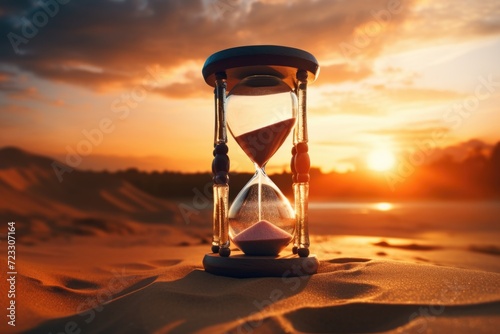 An hourglass sitting on top of a sandy beach. Perfect for time-related concepts or beach-themed designs