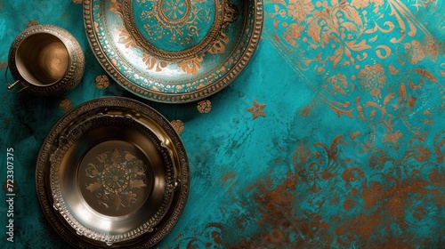  a close up of a plate with a cup and saucer on a table with a blue and gold wallpaper behind it and a cup and saucer on the plate.