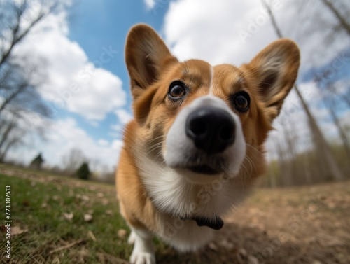 Corgi walks outside and looks into the camera, wide-angle lens view from below. rescue of homeless, abandoned, lost dogs.