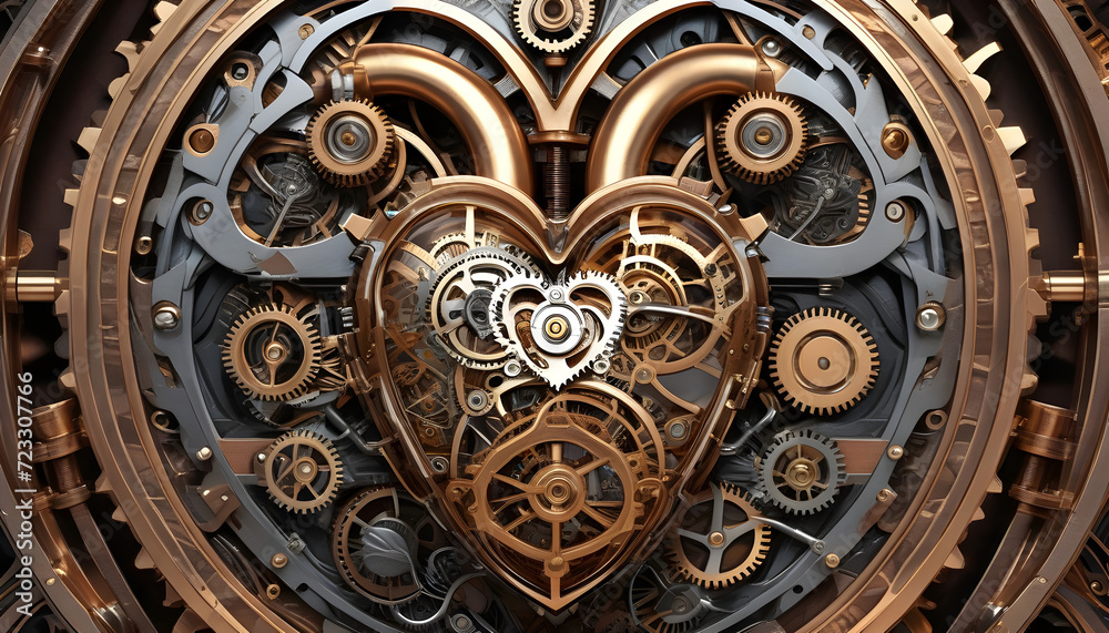 A human heart made of metal with gears, devices and siphons in steampunk style